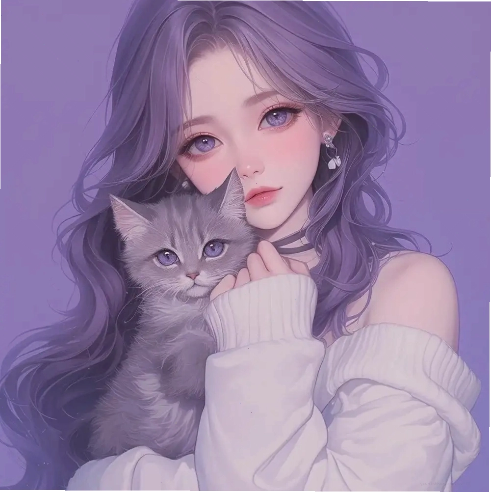 Ảnh anime màu tím cute với chú mèo đáng yêu