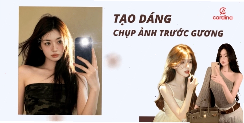 Ảnh gái xinh đứng trước gương với mái tóc dài che một phần khuôn mặt