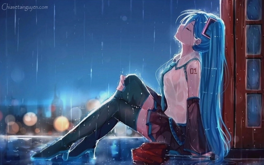 Anime cô gái với giọt nước mắt lăn dài dưới mưa
