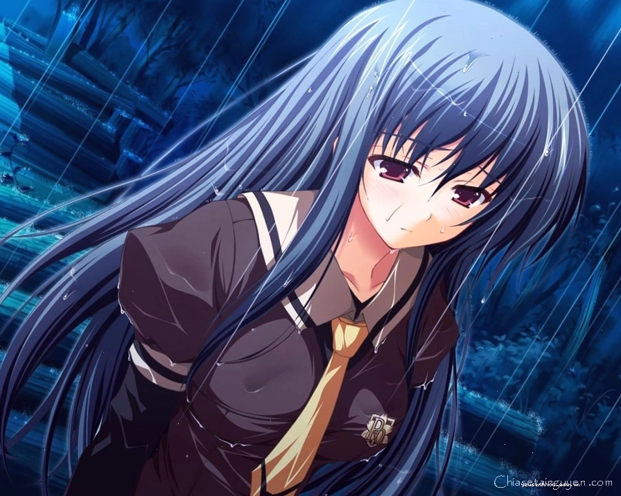 Anime cô gái với những giọt nước mắt hòa lẫn mưa