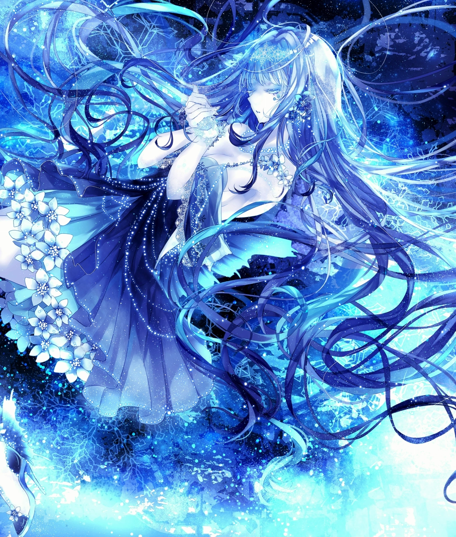 Anime nữ tóc xanh dài tuyệt đẹp với phụ kiện tinh tế