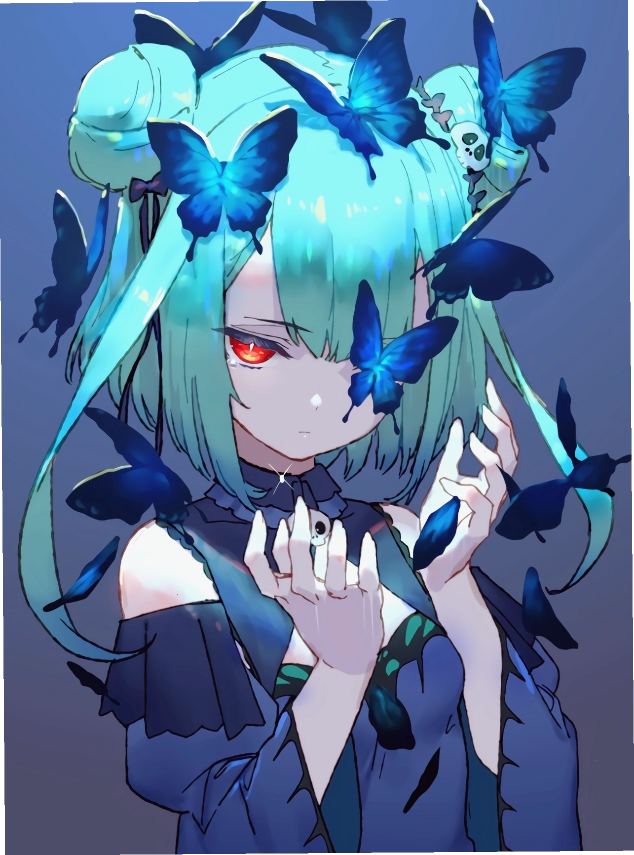 Anime nữ tóc xanh dương bên cạnh đàn bướm