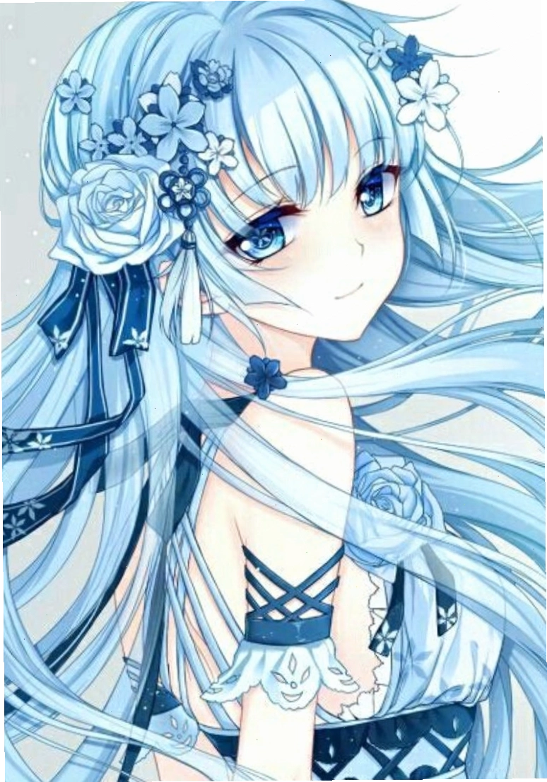 Anime nữ tóc xanh dương với biểu cảm lạnh lùng nhưng cuốn hút