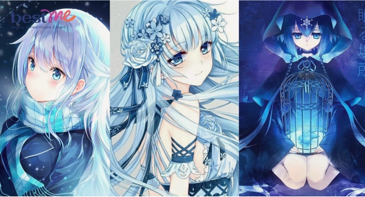 Avatar anime nữ tóc xanh dương với trang phục hiện đại
