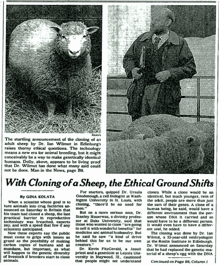 Bài báo New York Times năm 1997 thảo luận về đạo đức nhân bản vô tính