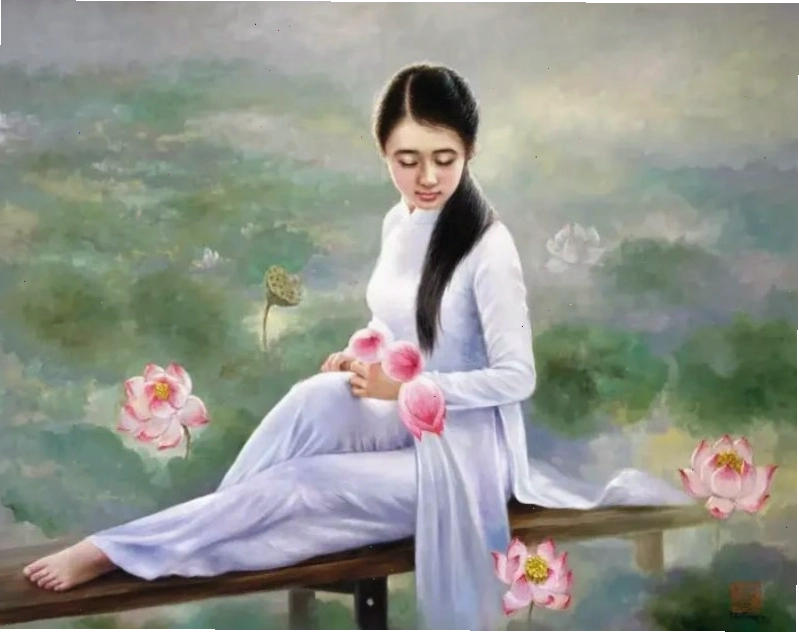 Bức tranh lụa vẻ đẹp cô gái áo dài trắng bên hồ sen