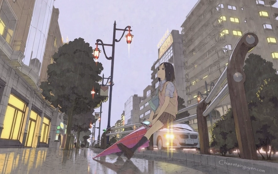Cảnh anime cô gái khóc dưới mưa lãng mạn