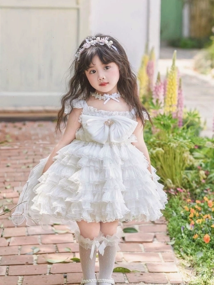 Cô bé gái dễ thương với mái tóc xoăn và trang phục điệu đà