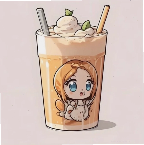 Cô gái chibi vui vẻ bên ly trà sữa đầy màu sắc