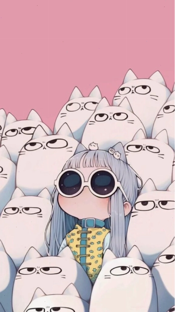 Cô gái đeo kính giữa đàn mèo trắng, hình ảnh anime độc đáo