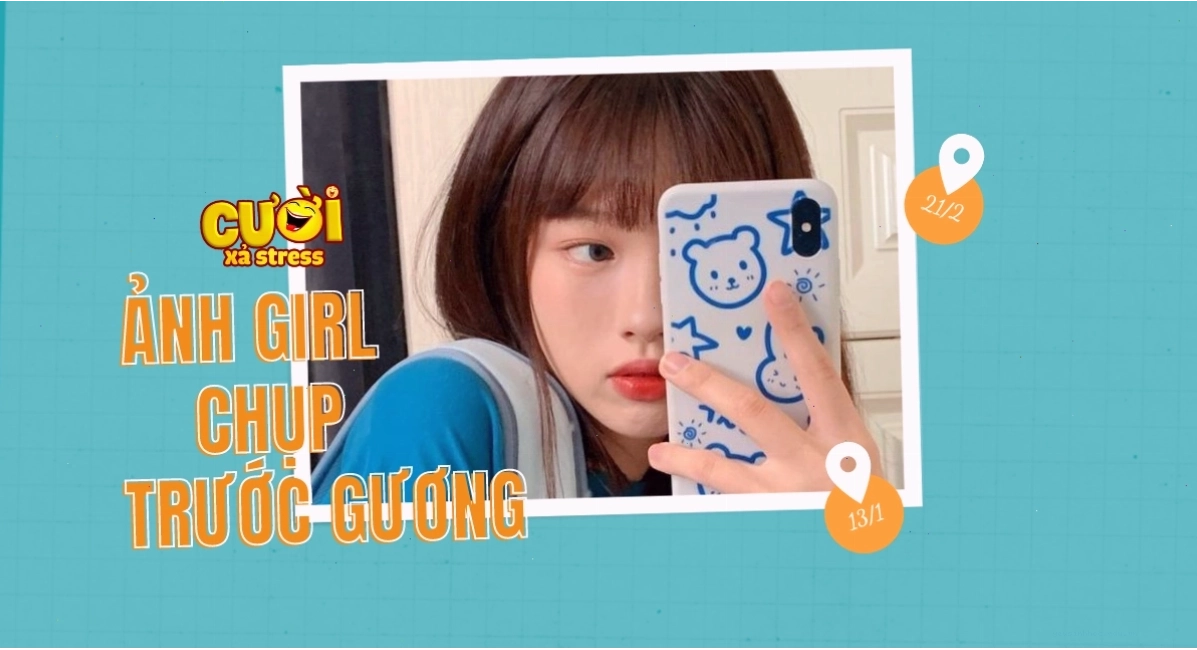 Cô gái xinh đẹp chụp ảnh trước gương với góc nhìn độc đáo