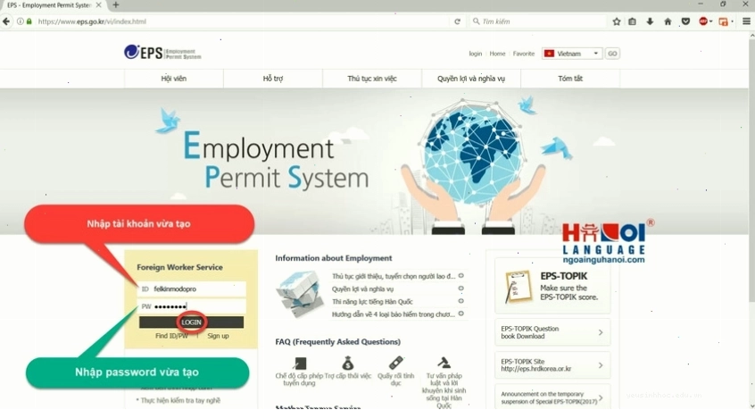 Giao diện trang web EPS với các mục chức năng