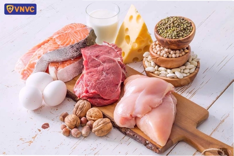 Hình ảnh các loại thực phẩm giàu protein như thịt gà, cá, trứng, đậu nành