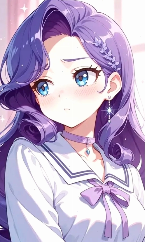 Hình ảnh cô gái nhỏ với mái tóc tím dài, diện đồng phục học sinh, mang vẻ đẹp anime dịu dàng