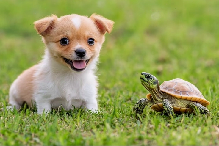 Hình ảnh một chú chó và một chú rùa bên nhau