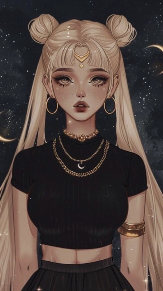 Hình nền cô gái tóc đen với vòng trăng đỏ