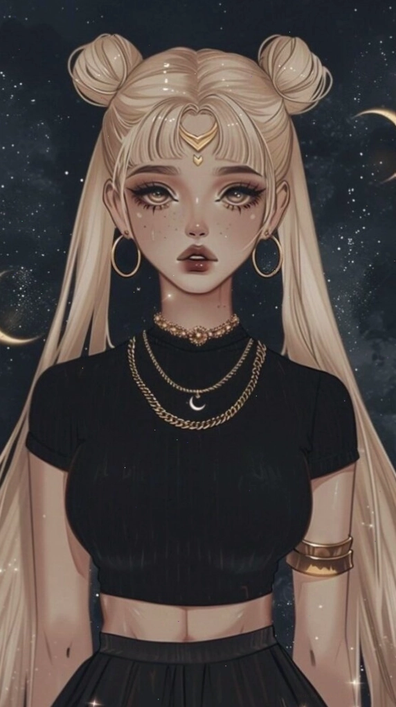 Hình nền cô gái tóc đen với vòng trăng đỏ, phong cách fantasy