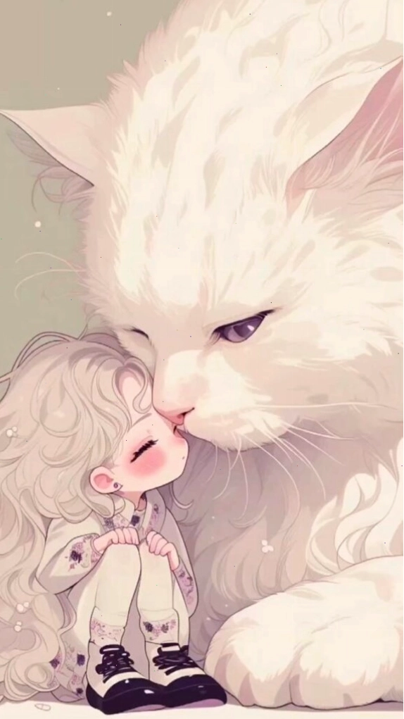 Hình nền mèo trắng bên cô bé