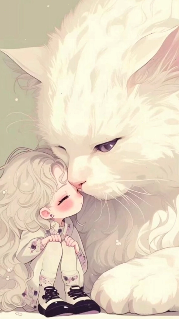 Hình nền mèo trắng bên cô bé