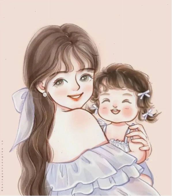 Hình vẽ mẹ và con gái đẹp với gam màu ấm áp