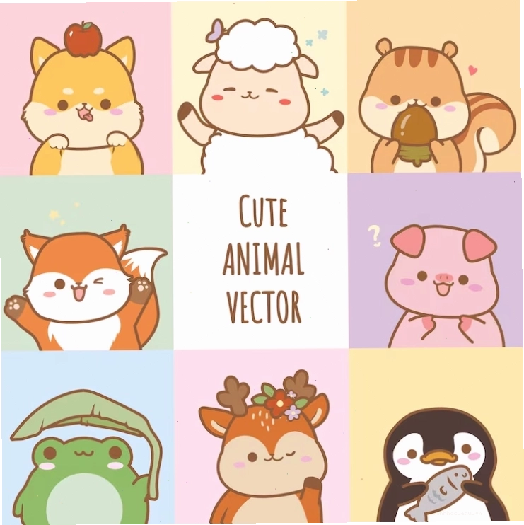 Minh họa vector động vật dễ thương như cừu, sóc, ếch, chim cánh cụt