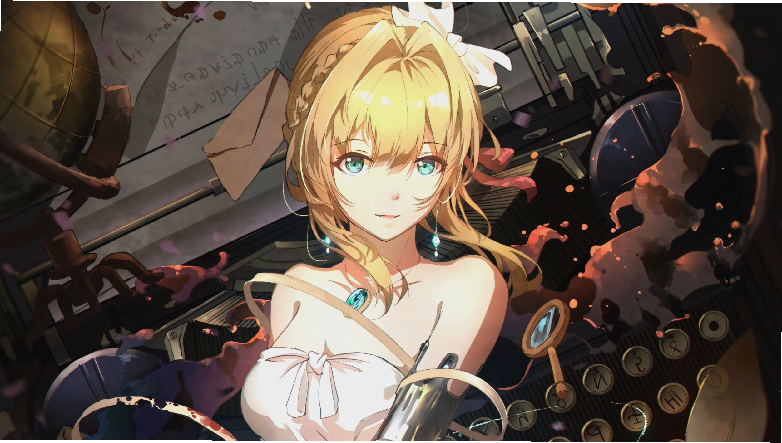 Một chàng trai với phong cách anime, đôi mắt to tròn long lanh và mái tóc màu bạch kim ấn tượng