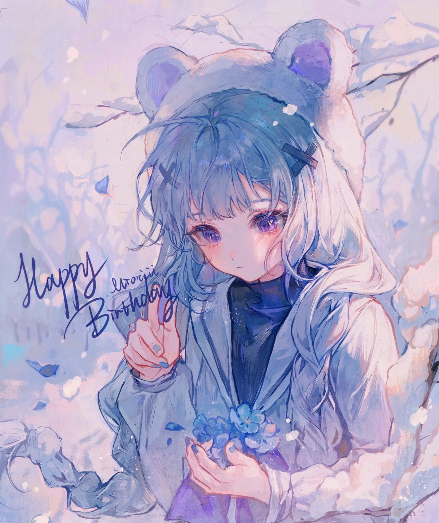 Nhân vật anime chibi màu xanh dương với trang phục học sinh