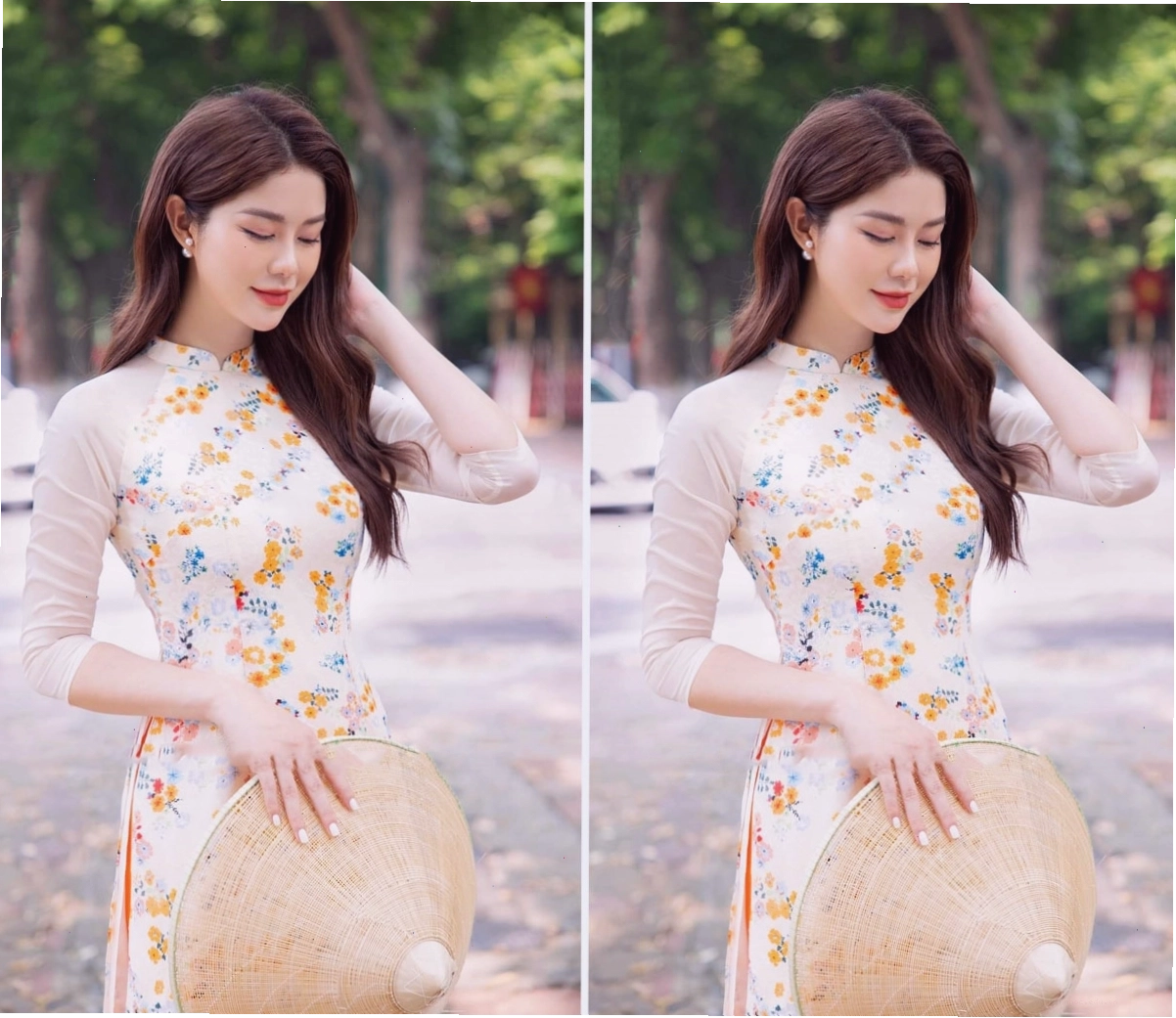 Tà áo dài cách tân với cổ chữ V và tay ngắn