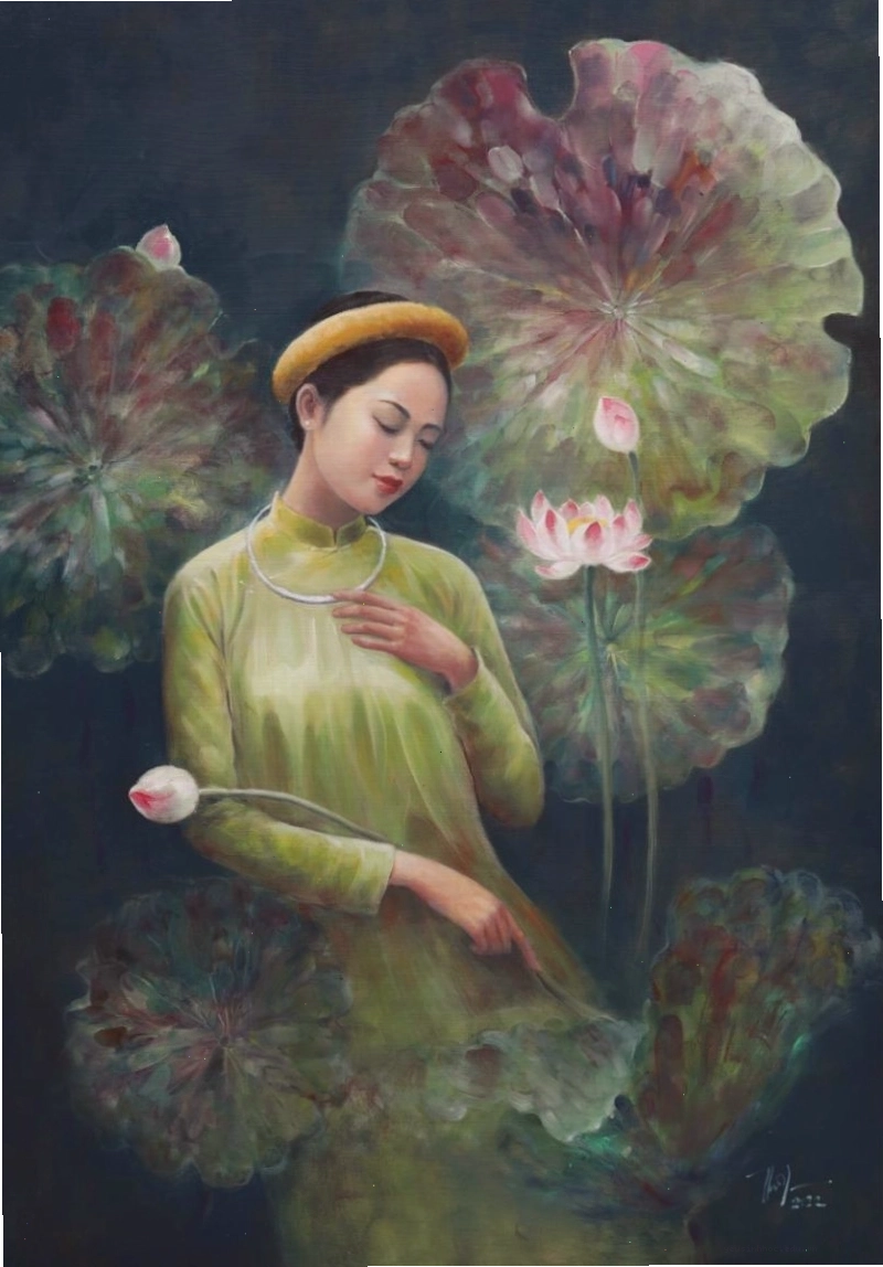 Tranh sơn dầu cô gái áo dài vàng và sen trắng
