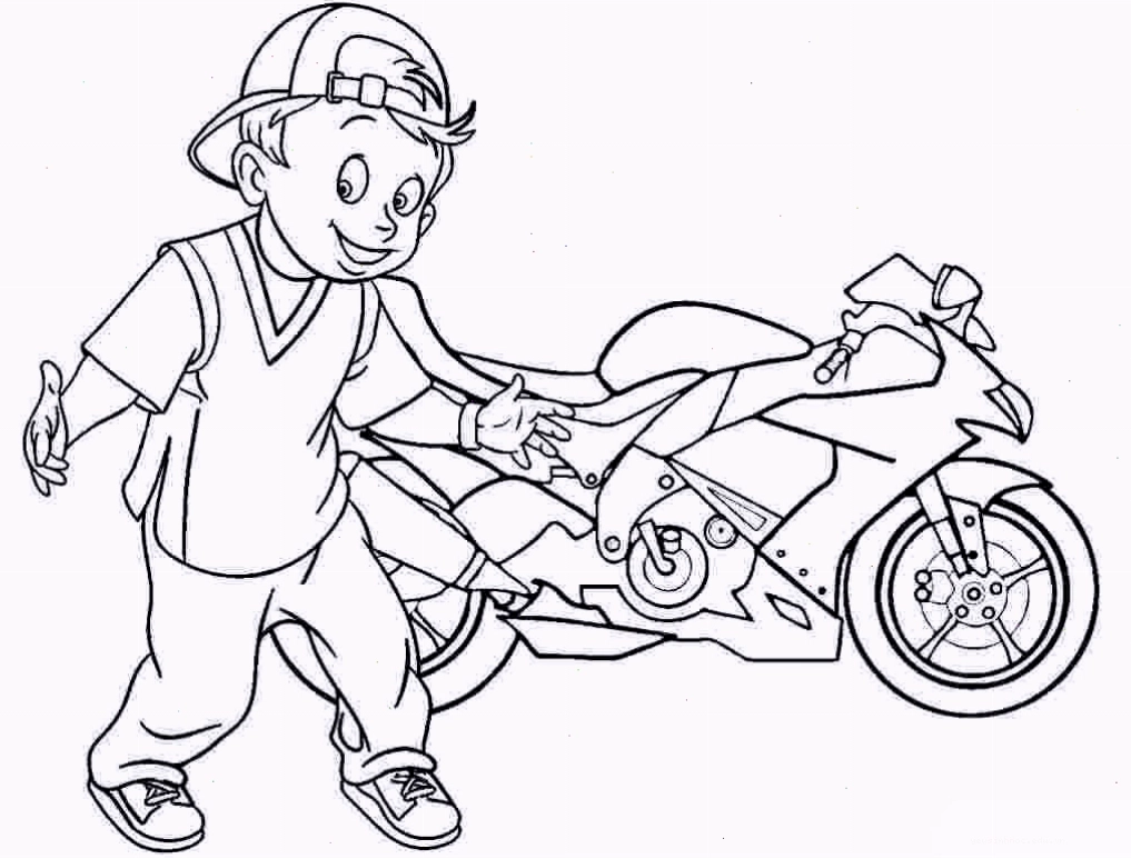 Tranh tô màu bạn trai bên chiếc xe máy đồ chơi