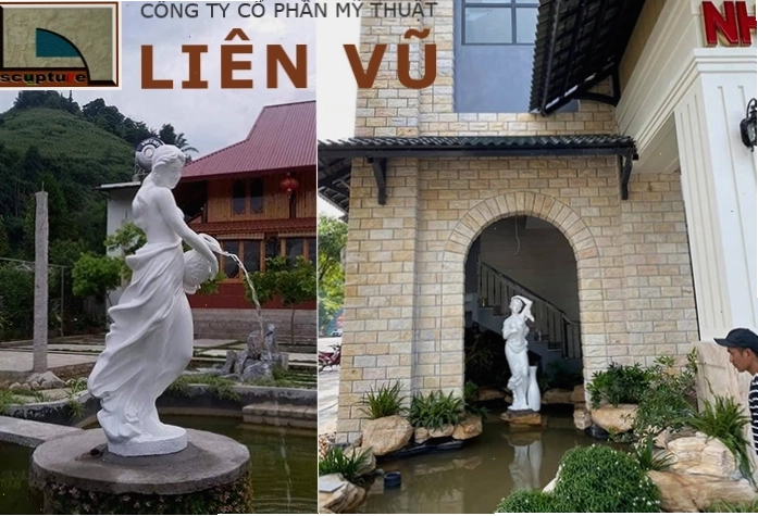 Tượng cô gái đổ nước bằng composite trang trí tiểu cảnh ngoài trời