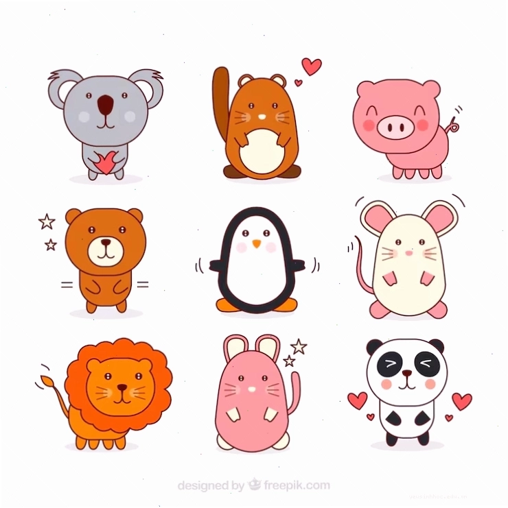 Vector bộ sưu tập các con vật xinh xắn được vẽ bằng tay, phong cách chibi đáng yêu