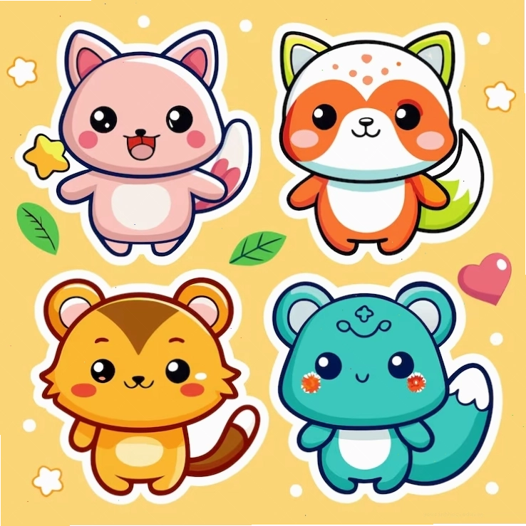 Vector các loài động vật hoạt hình dễ thương như cáo, mèo, gấu trúc theo phong cách chibi